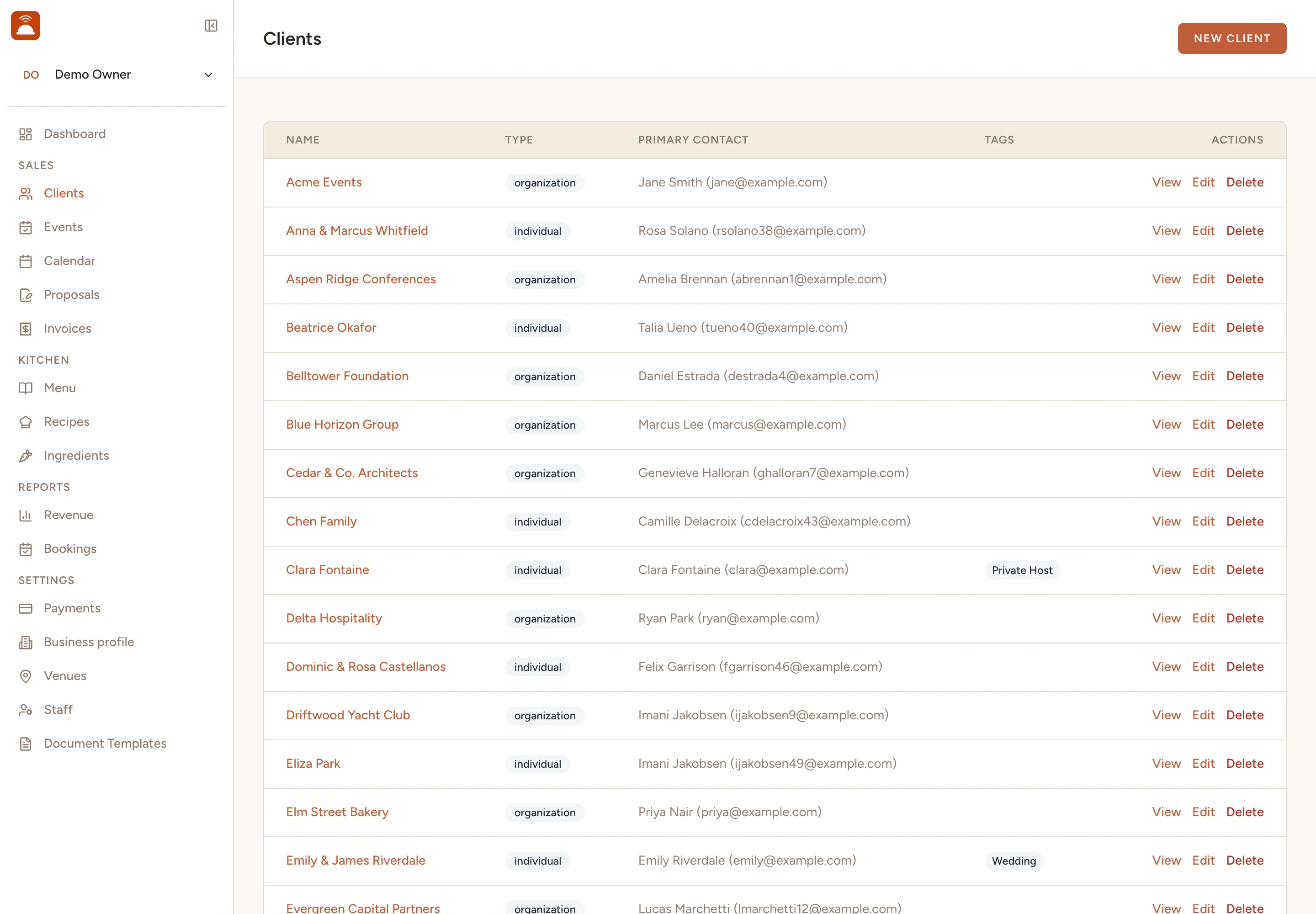 The Catertoo client list - organizations and individuals with their primary contacts and tags.
