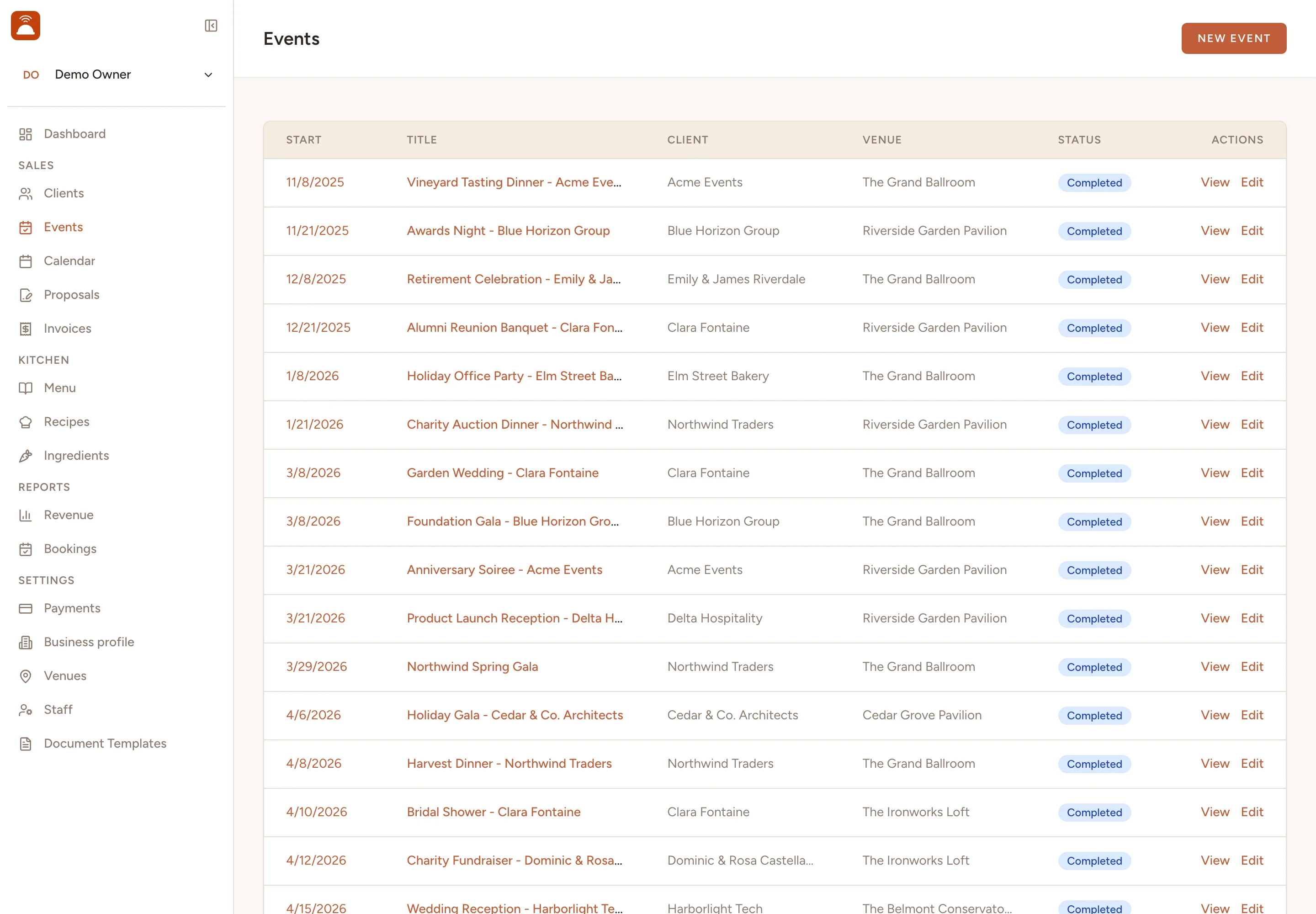 The Catertoo event list - every booking with its client, venue, date, and status.