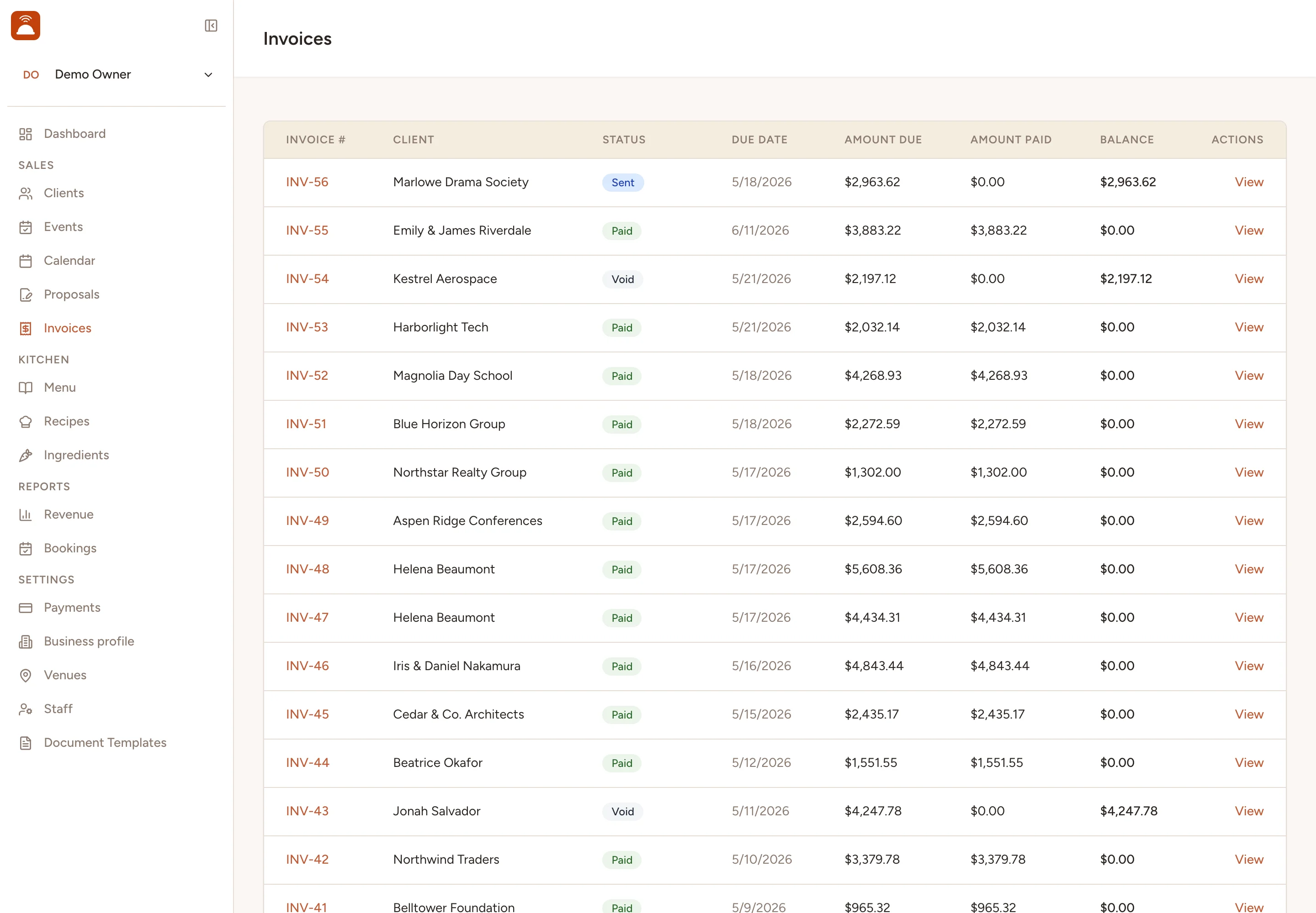 The Catertoo invoice list - amount due, amount paid, and balance for each invoice.