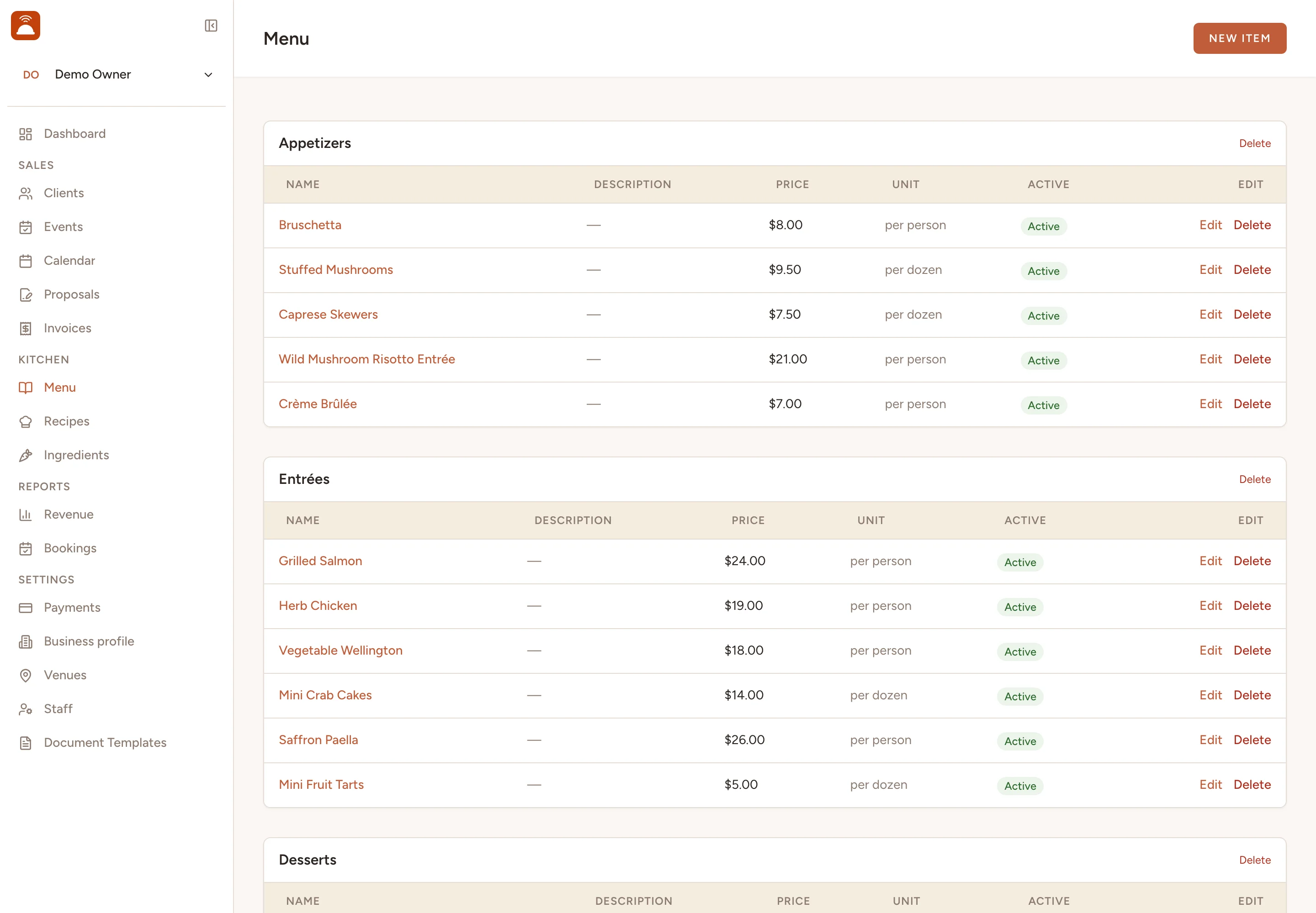 A catering menu catalog in Catertoo, organized by category with per-item prices.