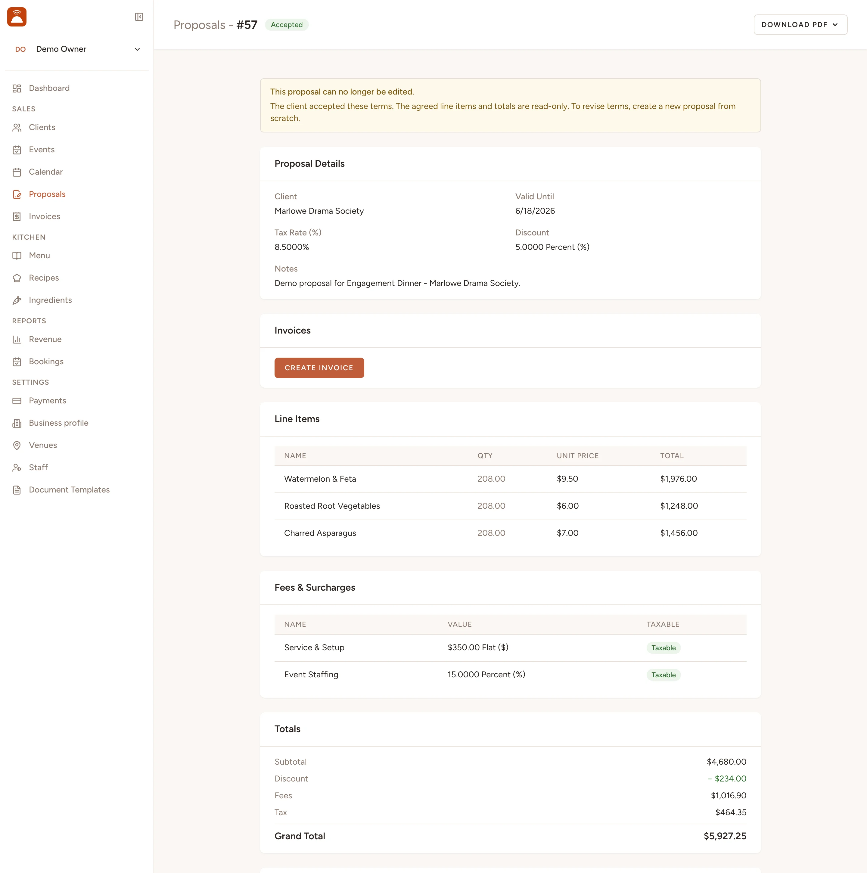 An itemized catering proposal in Catertoo - line items, fees, tax, and the grand total.